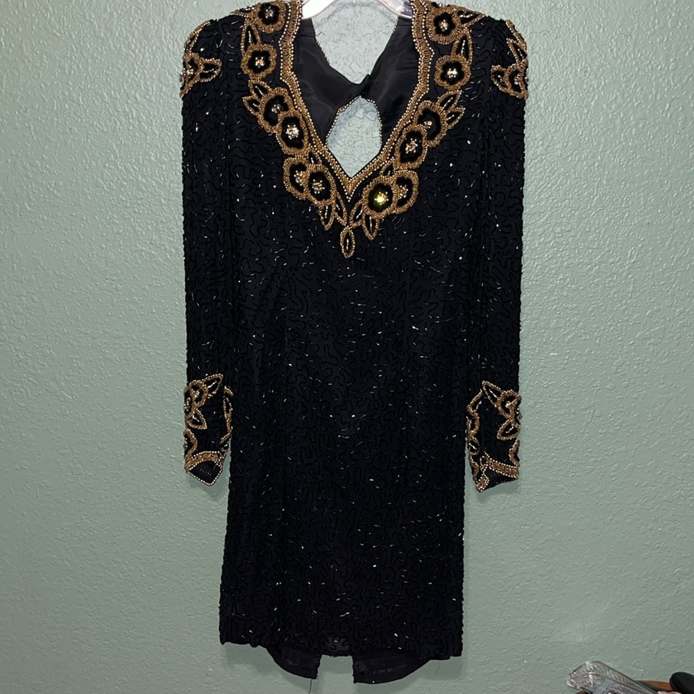 vintage long sleeve heavily beaded black and gold silk dress 70s 80s Morigana - Picture 2 of 8